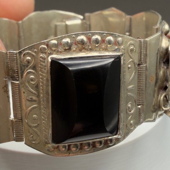 Vintage Estate Sterling Silver Black Onyx Bracelet Mask Tribal Face Panel Taxco - Picture 11 of 13